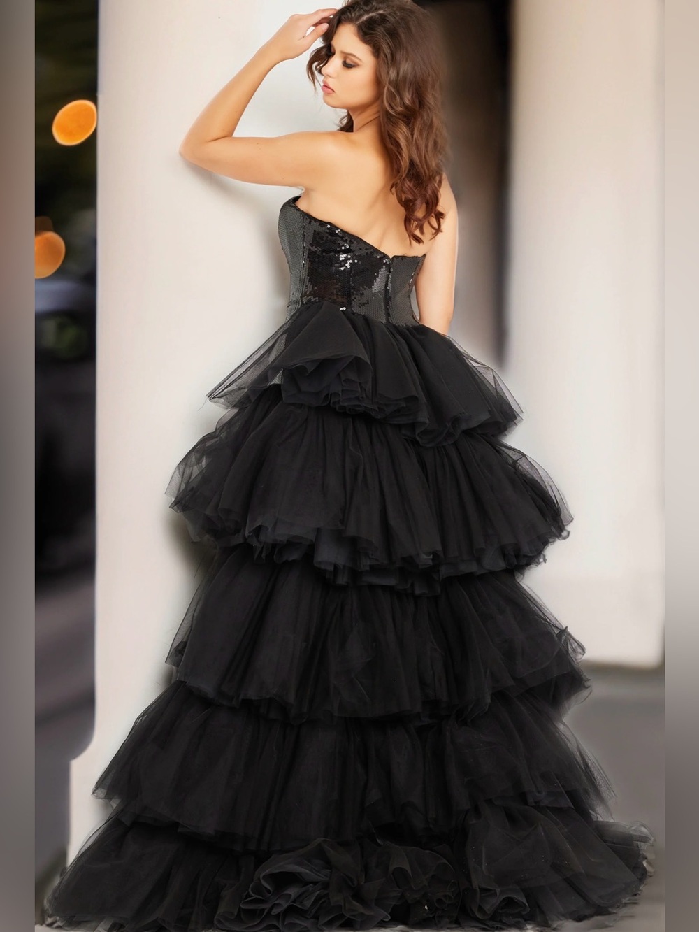 Jovani Gown Prom‎ Dress Womens 4 Black 24554 Sequin Strapless Fitted Ruffle Trim